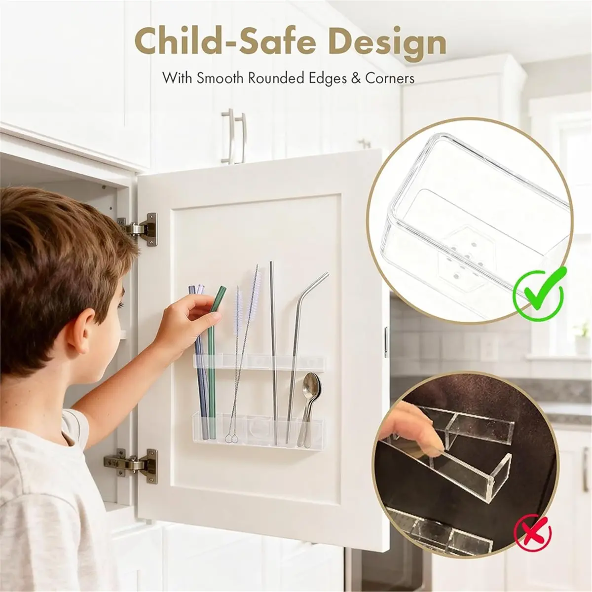 Acrylic Straw Organizer for Cabinet Door - Child-Safe, Versatile Kitchen Storage Solution with Adhesive Mounting