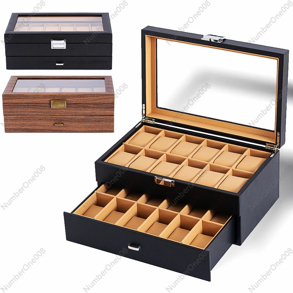Double Layer Watch Box with 24 Watch Slots PU Leather Jewelry Organizer for Display Storage Case