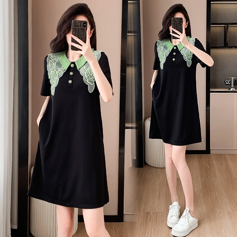 Vrouwen Katoenen Mini T-Shirt Jurken Zomer Vrouwelijke Pop Kraag Korte Mouw Grote Maat Elegante A Lijn Zwarte Kanten Patchwork Vestidos