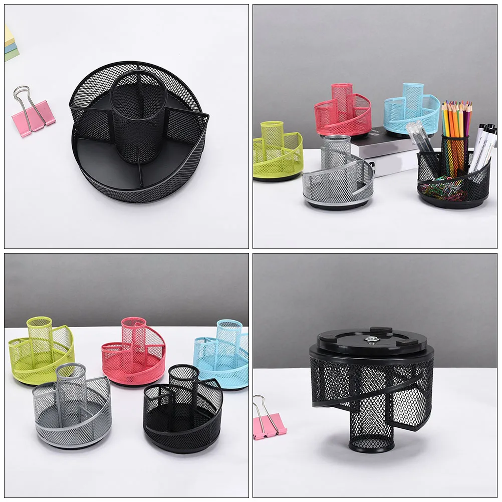 

Rotating Pen Holder Desk Desktop Compartments Office Organizer Metal Container Multi-functional Work