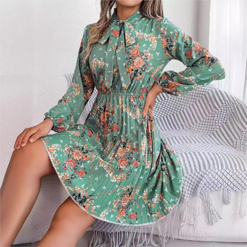 Summer Spring Bow Tie Long Sleeve Floral Pleated Mini Dressesfor Women Casual Elegant Sweet Bandage Cute Dress Vestido Female