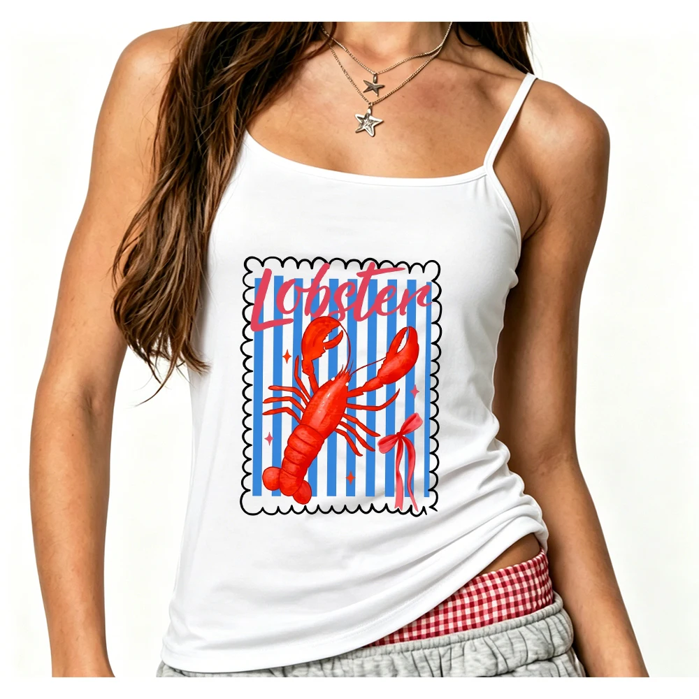 Cute Red Lobster Stamp Graphic Cami Top Blue White Striped Printed Camisole Slim Fit Sleeveless Tank Top Shirt for Women