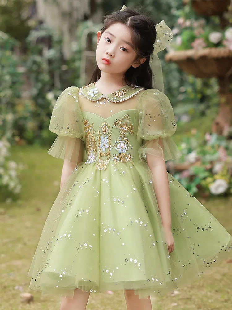 Kids Tulle Princess Ball Gown Wedding Evening Dress for Girl Sequins Appliques Party Flower Girls Dresses Children Prom Vestidos