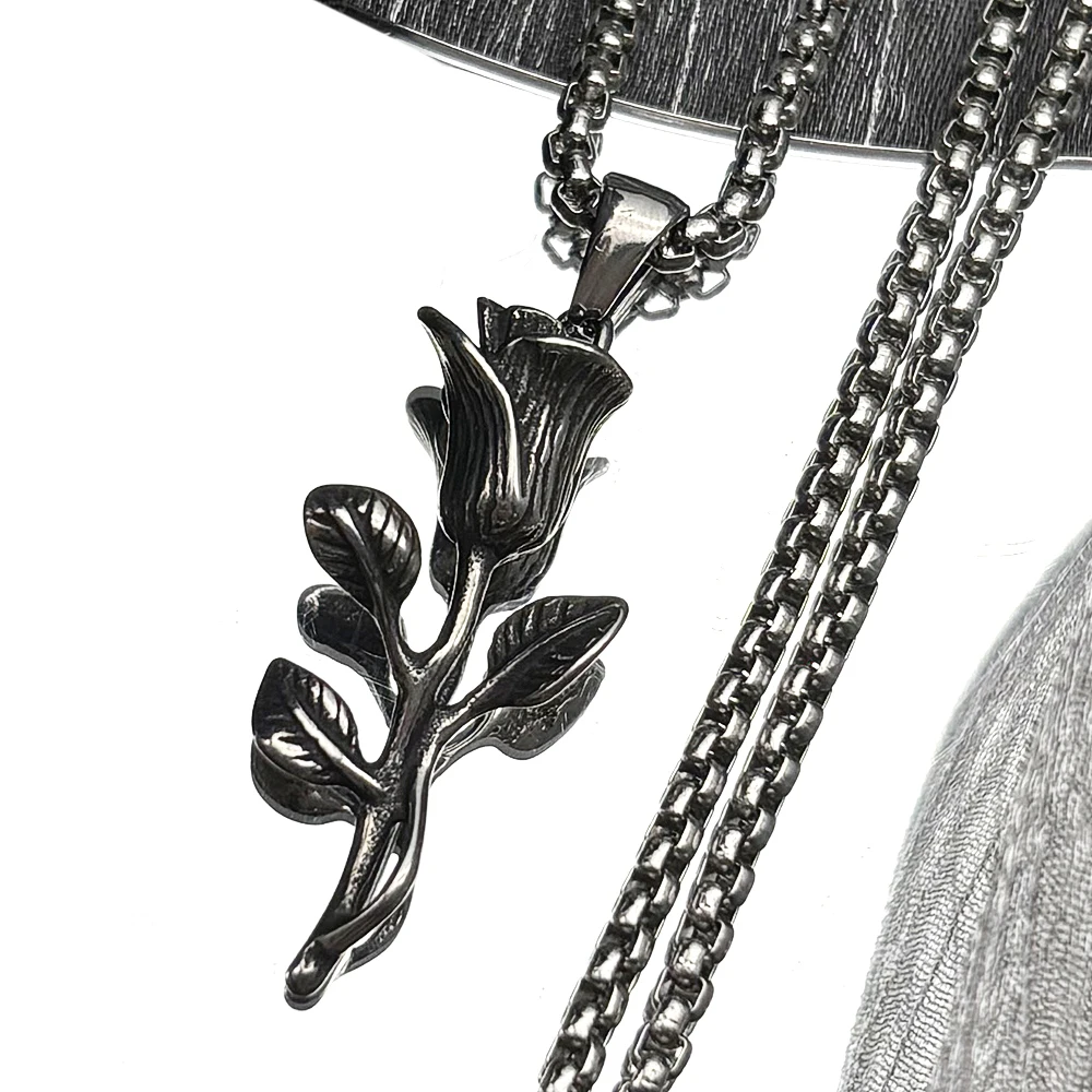 

Gothic Dark Romantic Rose Flower Pendant Necklace For Women Men Stainless Steel Gun-black Color Plant Couple Chain Jewelry Gift