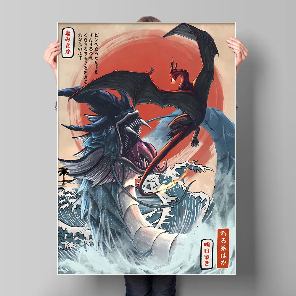 Japanese Anime Pokemon Ukiyo-E Wall Art Charizard Gyarados Wave Design Frameless Poster for Living Room Decor