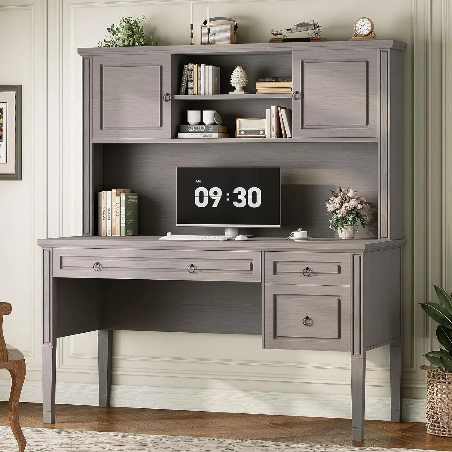 مكتب تنفيذي للمزرعة، مكتب مكتب مقاس 47.3 بوصة مزود بخزانة و3 أدراج، مكتب منزلي خشبي مع درج ملفات، وخزانة تخزين و