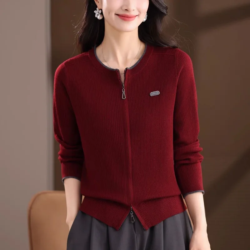 2025 Spring Autumn Mom Sweater Thin Jacket Zipper Wool Round Collar Top Short Wool Knit Cardigan