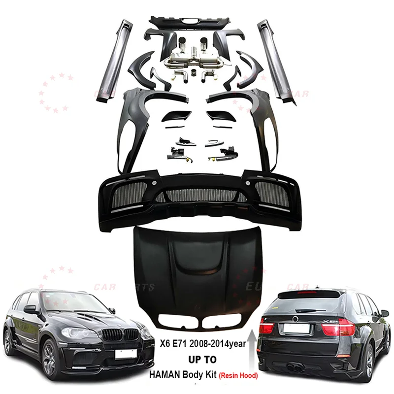 Body Kit for BM X6 E71 Upgrade To Haman Style PP Plastic Front Bumper Skirts Rear Bumper Bodykit with Exhaust System FRP Hoo