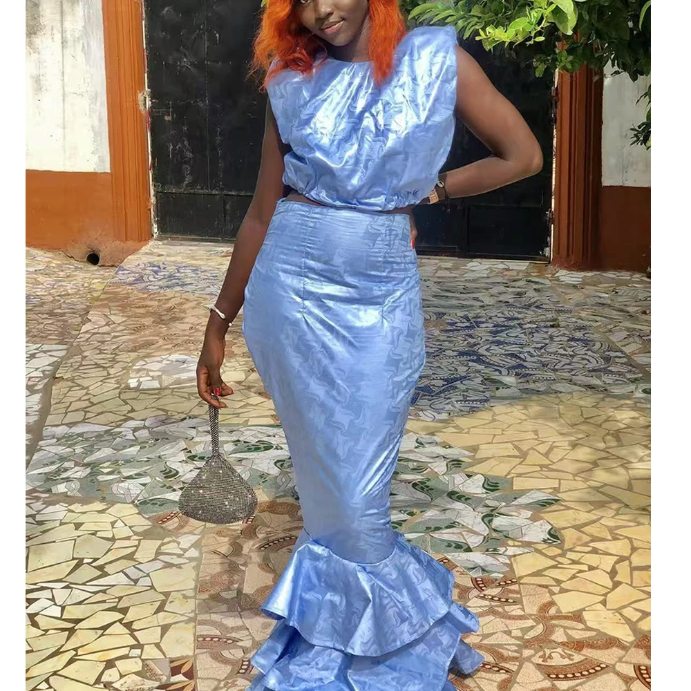

Sexy African Bazin Riche Long Dresses For Ankara Women Daily Clothes Dashiki Robe Wedding Party Two Piece Set Basin Clothing