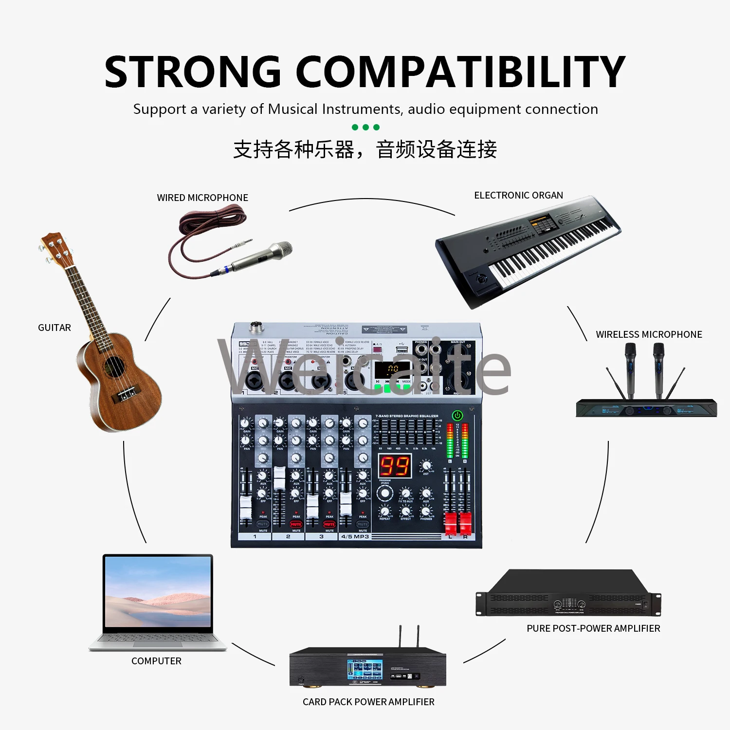 GAX-KS50 Recorder 99dsp Effect 5 Channel Mixer Metal Digital Reverb MP3 BT Recording Console Mixer