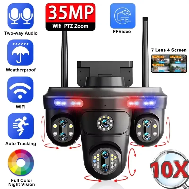 4K 10X Zoom Wifi PTZ Security Camera Auto Tracking Outdoor Seven Lens Four Screen Panoramic View CCTV Video Surveillance Camera