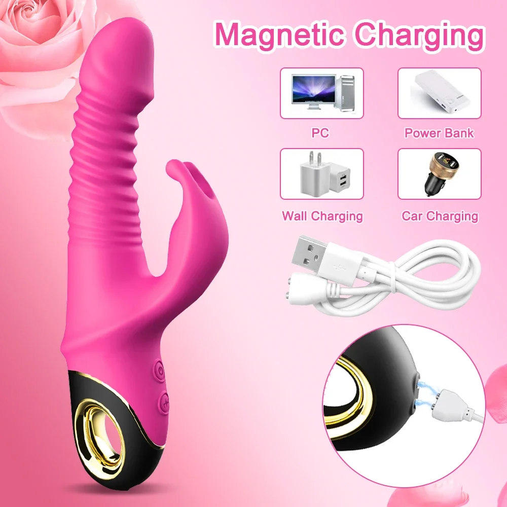 2 in 1 Rabbit Vibrator Automatic Telescopic Rotation G-Spot Clitoris Stimulator Female Dildo Sex Toys Goods for Women Adults 18