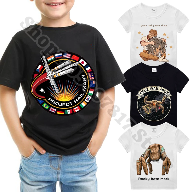 Kinder Cartoon Niedliches T-Shirt Sommer Jungenkleidung Projekt Hail Mary Sci-Fi Rocky Anime Baumwoll-T-Shirt Kinder Kurzarm-T-Shirt Geschenk