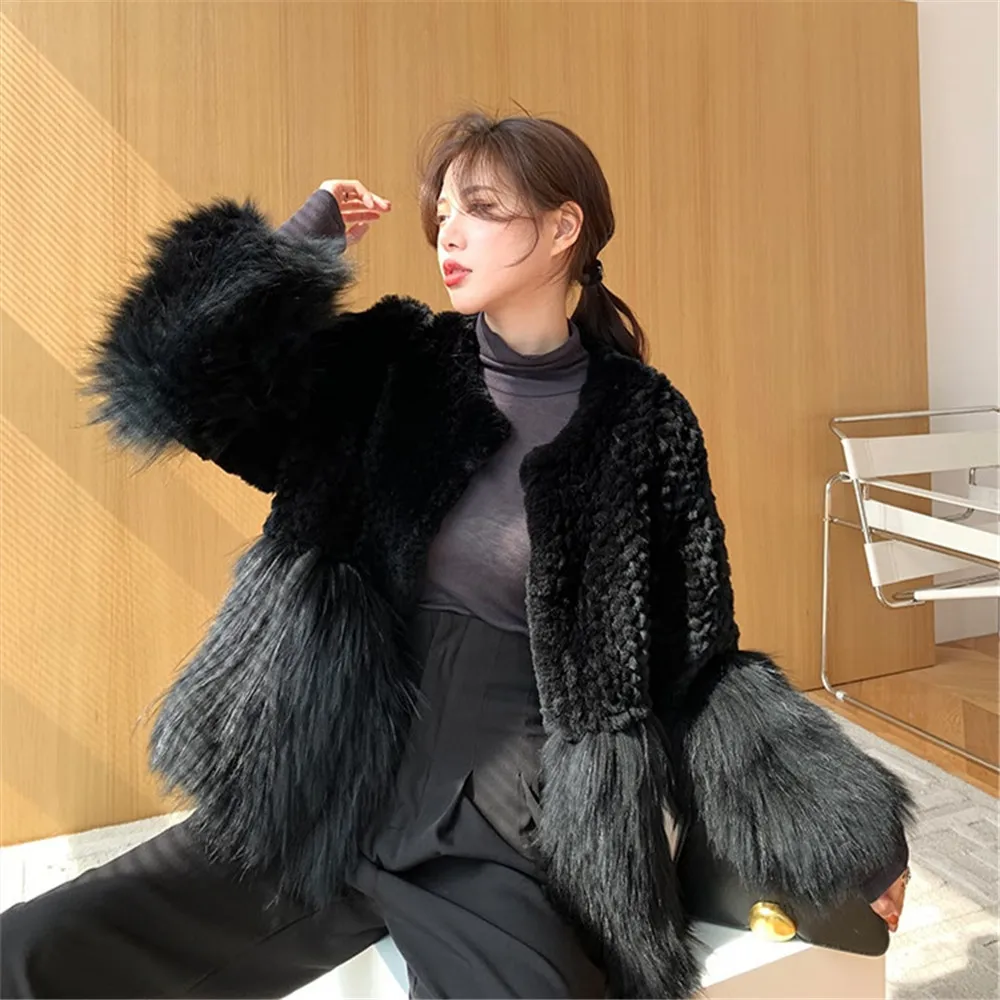 Women'S Rex Rabbit Splicing , Raccoon Hair, Woven Fur Coat, Warm, Solid Color, Autumn And Winter Fashion, New, 2024