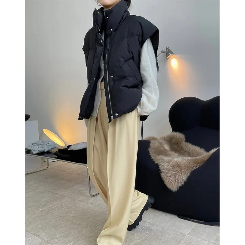 Winter Blogger Style Duck Down Vests Jackets Women Tops European and American Sleeveless Silhouette Warm Casual Loose Slim Coat