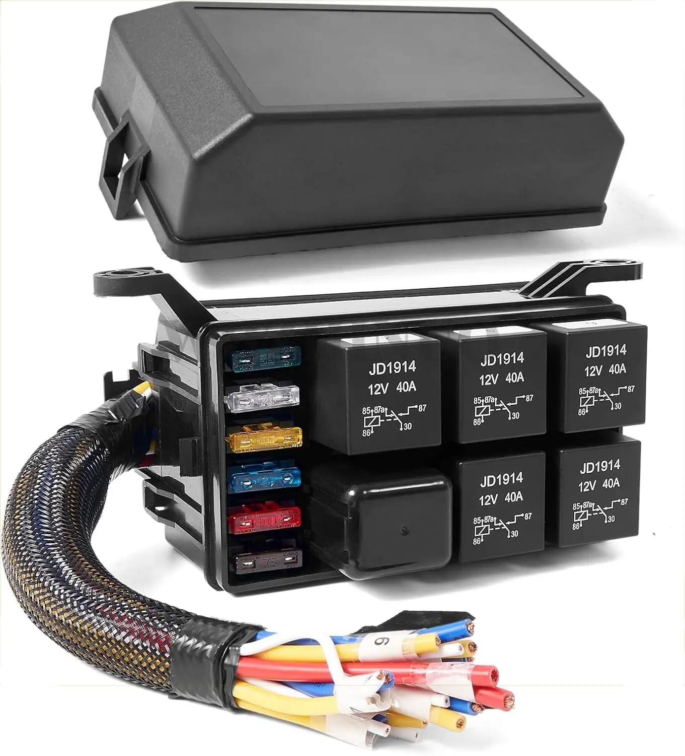 

1 комплект релейной коробки 12 В, 6-контактный блок предохранителей, 12 AWG, предварительно смонтированная водонепроницаемая коробка реле, 6 слотов ATC/ATO, блок реле предохранителей для морского автомобиля