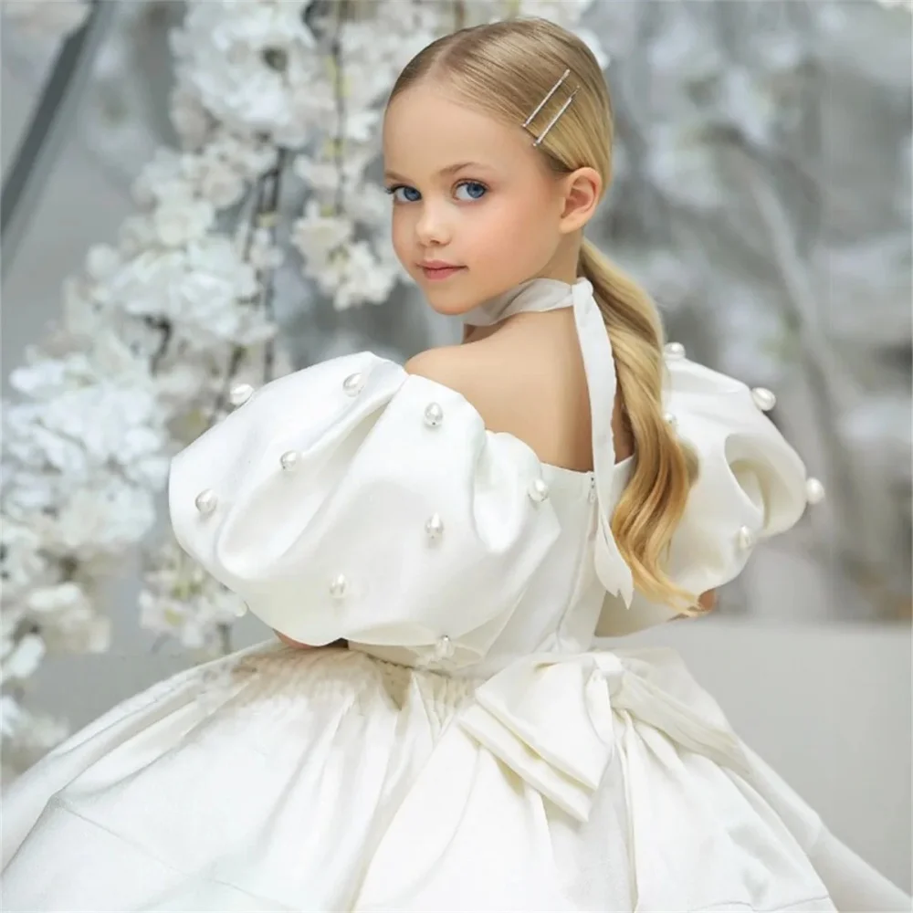 

Ivory Flower Girl Dress Pearls Stain Puff Sleeve A-Line Above Knee Kids Cute Birthday Party Formal Occasion Bridesmaid Ball Gown