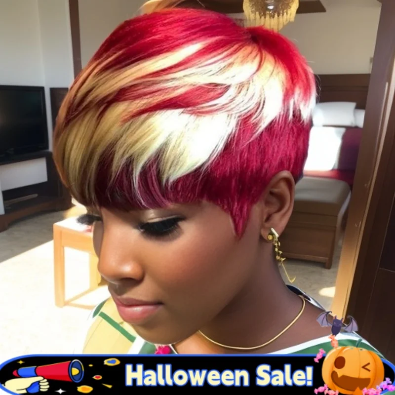 짧은 레이어드 픽시컷 인모 가발 앞머리 포함 멀티 컬러 풀 머신 메이드 가발 여름 일상용