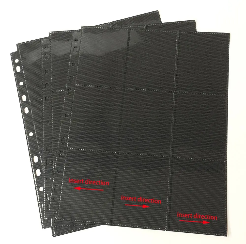 30 pages/Lot, 540 Pockets Side Insert Black Card Pages For Starndard Board Game Cards Side Loading Card Collection Pages