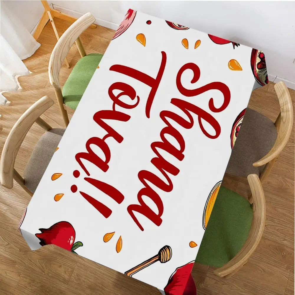 Shana Tova Rectangle Tablecloth for Table Decor Reusable Rosh Hashana Pomegranate Horns Table Cloth Jewish Fiesta Party Decor