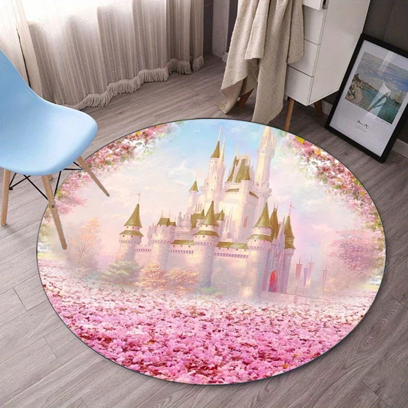 Castle in Cherry Blossom Garden Round Crystal Velvet Rug Fairy Tale Dreamy Scene Home Decoration Soft Floor Mat