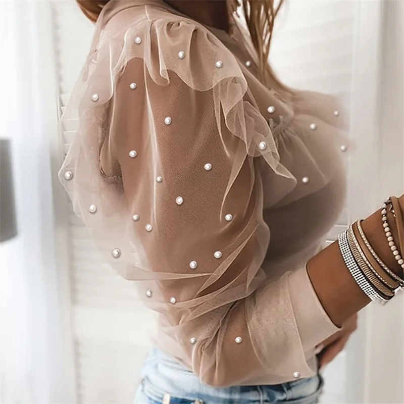 Elegant Ruffle Puff Long Sleeve Tops Autumn Patchwork Beaded Sheer Mesh Blouse Sexy O Neck Hollow Out Women Shirt Blusa Pullover