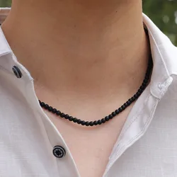 Minimalist 4mm Natural Stone Necklace Men Tiger Eyes Onyx Obsidian Beads 19 Inches Short Choker Joias Healing Boyfriend Jewelry