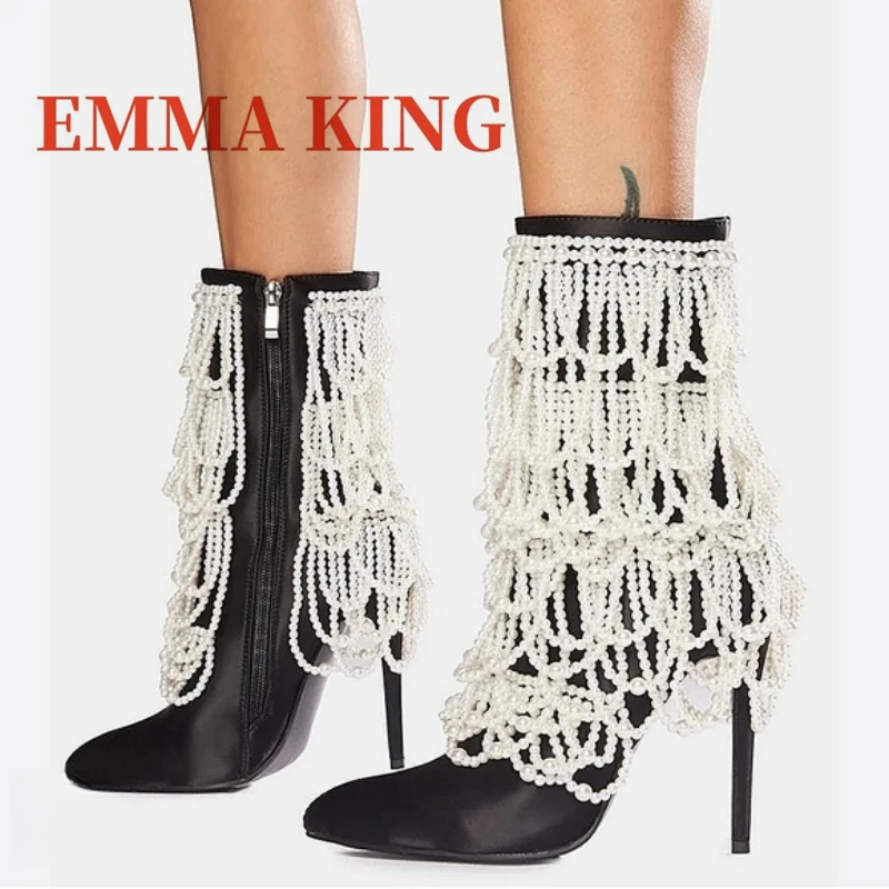 لؤلؤة خنجر الساتان Bootie أحذية فاخرة أنيقة أشار تو عالية الكعب الجانب البريدي سيدة منتصف العجل التمهيد 2025 جديد فستان الحفلات الأحذية