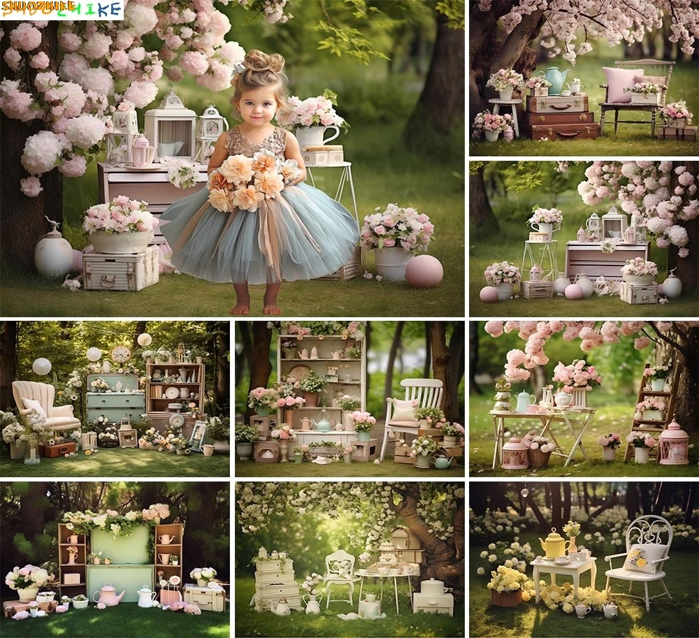 

Spring Tea Party Digital Photography Backdrops Decorated With Balloons Rainbow Animals Children Birthday Photo Background VN-01
