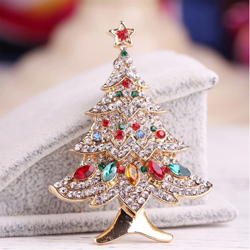 New Christmas Tree Brooches For Women Vintage Multi-Colored Christmas Tree Rhinestone Brooch Pin Wedding Party Jewelry