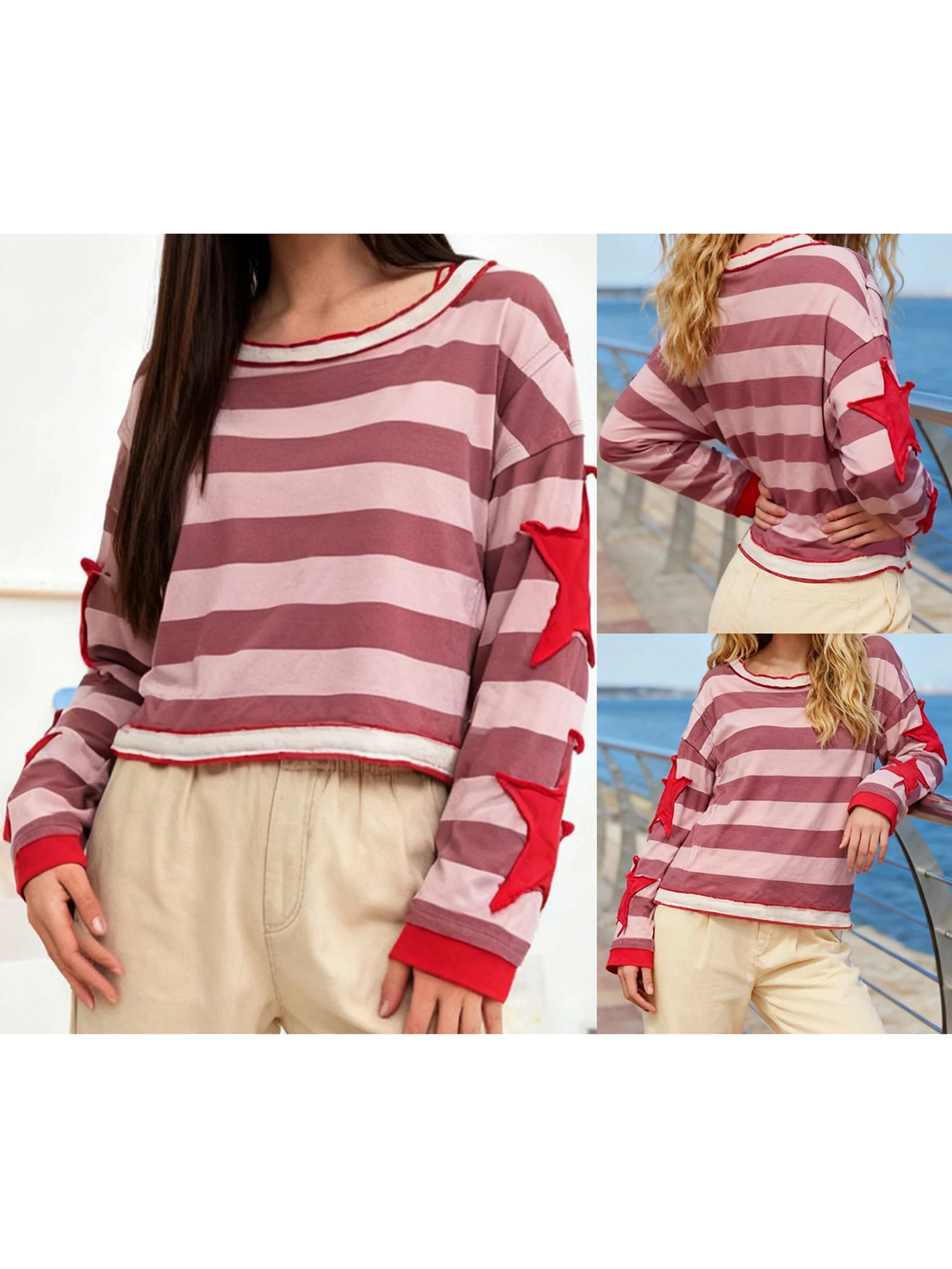 Stylowe damskie bluzki w paski z modnym haftem w gwiazdki i luźnym krojem na sezon jesieni.