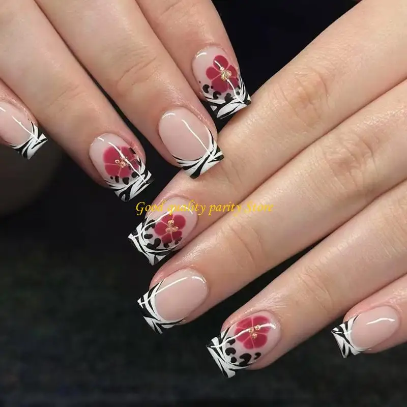 M4YA – lot 24 ongles artificiels en plastique à rayures noires rouges, paillettes florales à pression