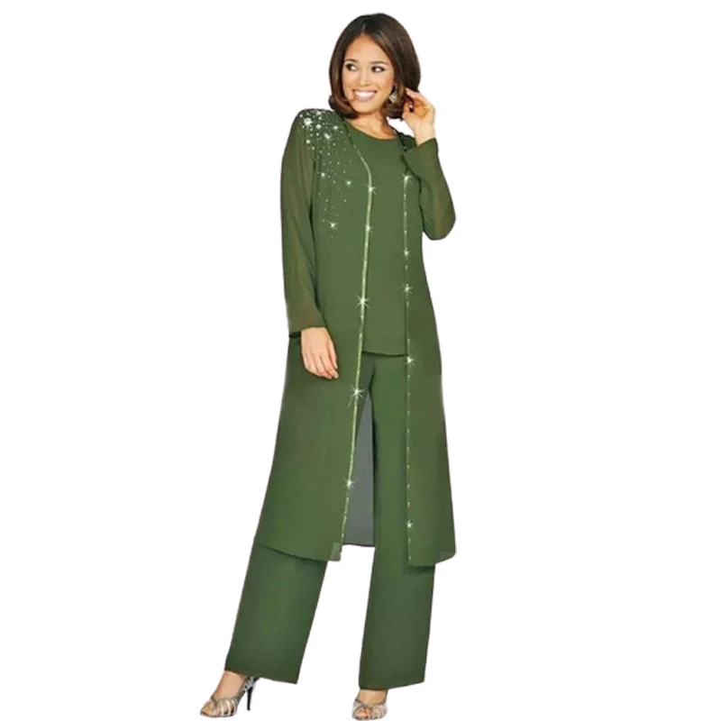 Vestidos personalizados para madre de la novia y novio para boda con Chaqueta larga trajes de pantalón Kurti 3 piezas verde oliva Vestido Farsali