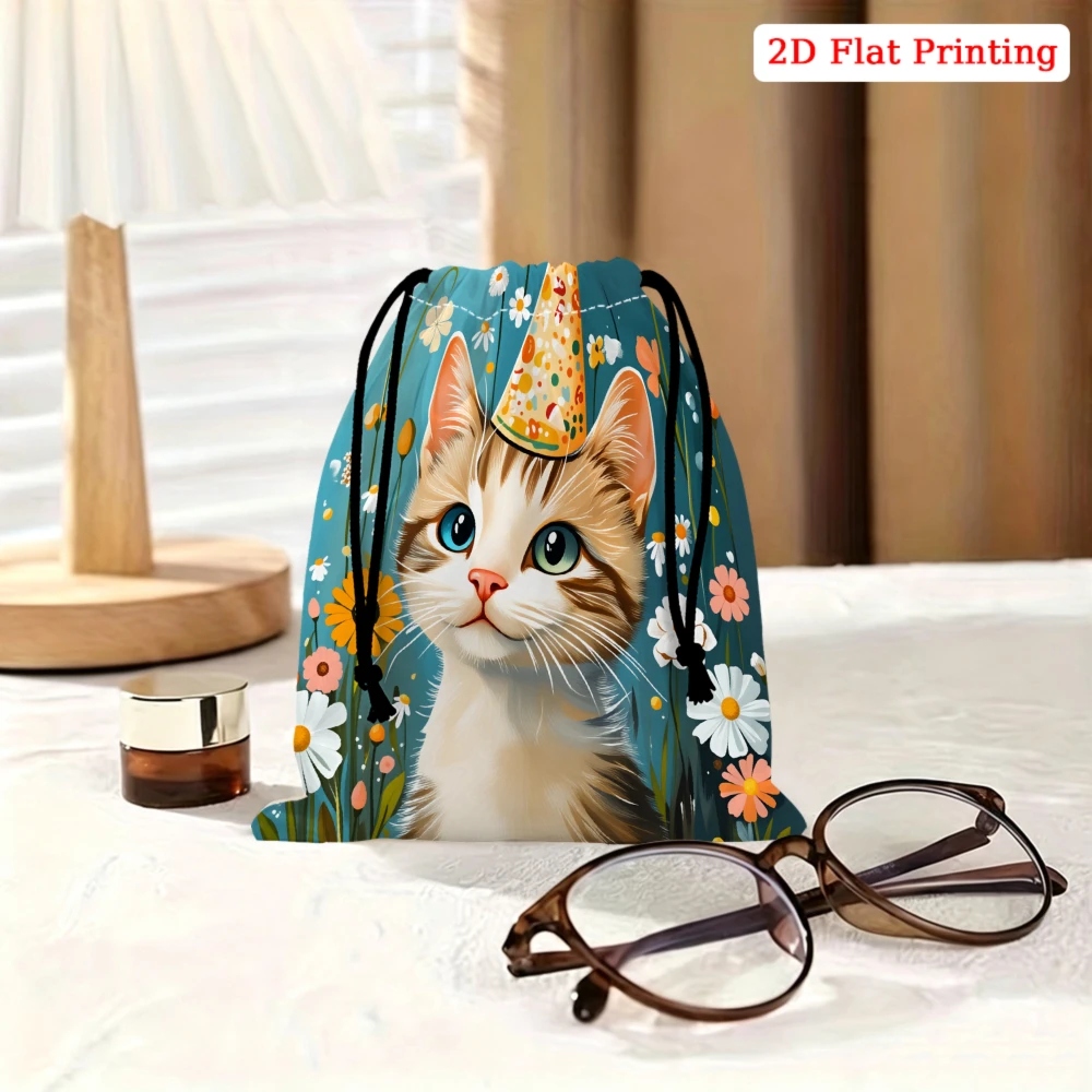 1Pc Cute Cat Wearing Party Hat Drawstring Bag Blue Floral Print Storage Small Pouch For Glasses Cosmetics Jewelry Travel Organiz