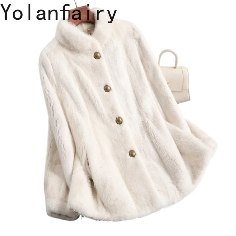 

YOLANFAIRY Роскошная женская шуба из натурального меха норки, цельная, средней длины, элегантная, с воротником-стойкой