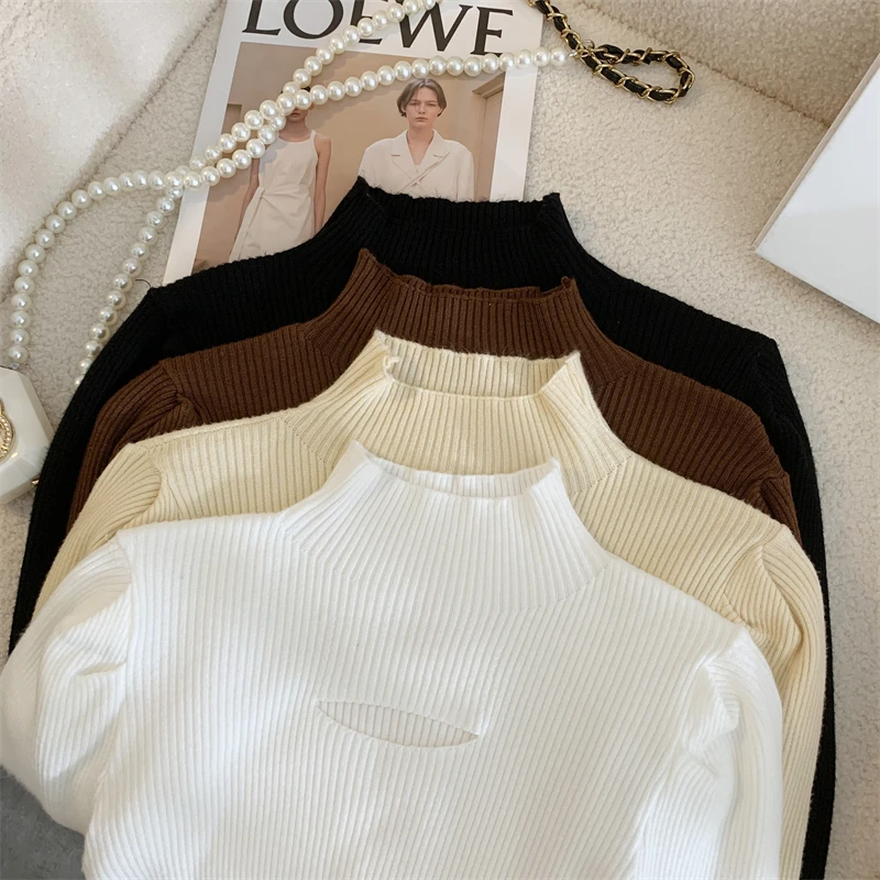 YuooMuoo Chic Fashion Basic Knitted Tops 2024 New Y2K Hollow Out Long Sleeve Pullover Sweaters Korean Fashion Streetwear Shirts