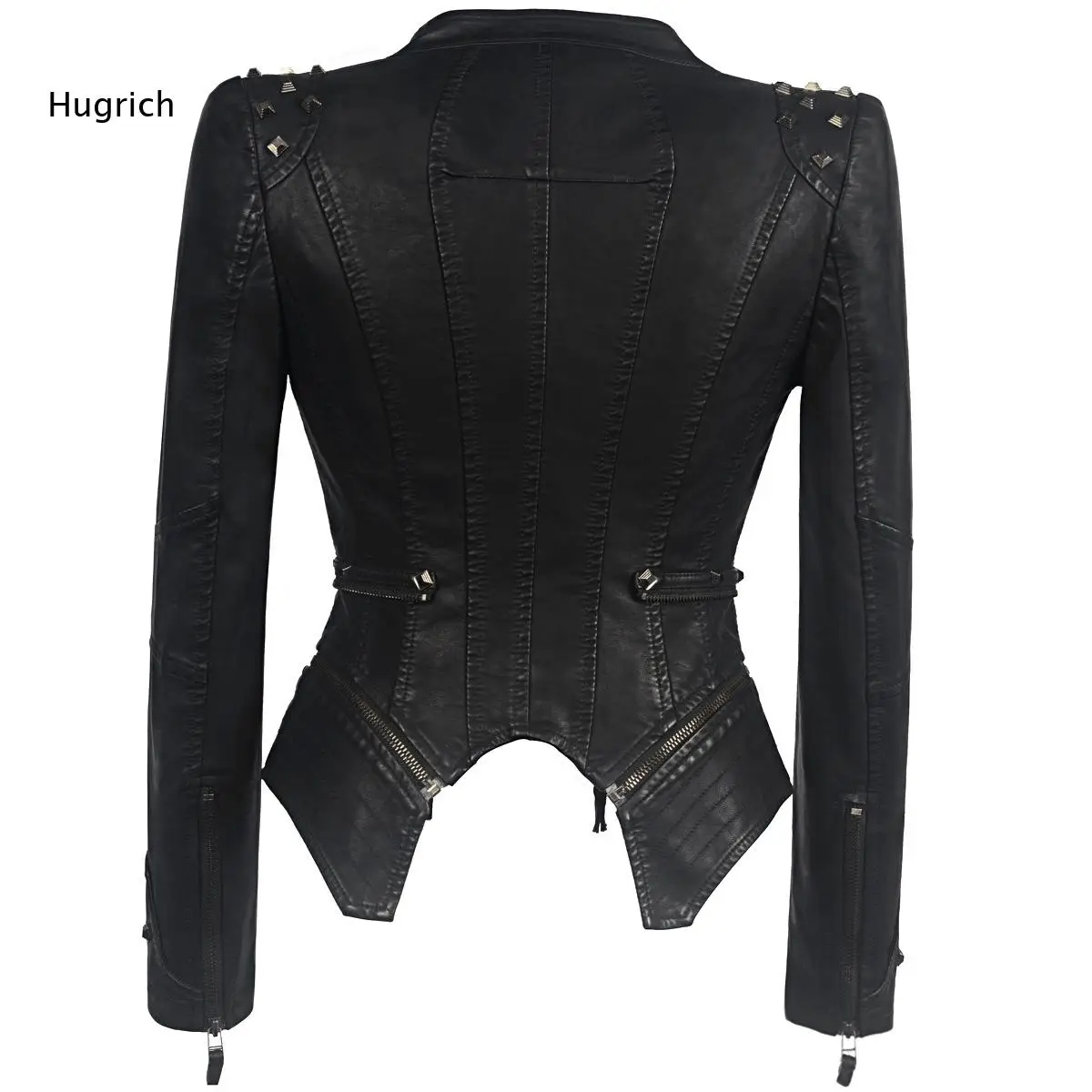 Women Irregular Hem Faux Leather Biker Coat Metal Stud Shoulder Decor Multi Zipper Slim Fit Outerwear For Night Occasions