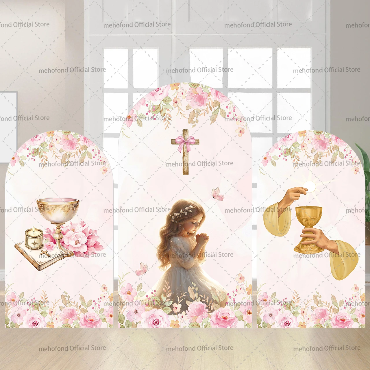 Mehofond Custom 2-Sided My Baptism God Bless First Communion Party Girl Baby Shower Cover Chiara Arch Background Decor Backdrop
