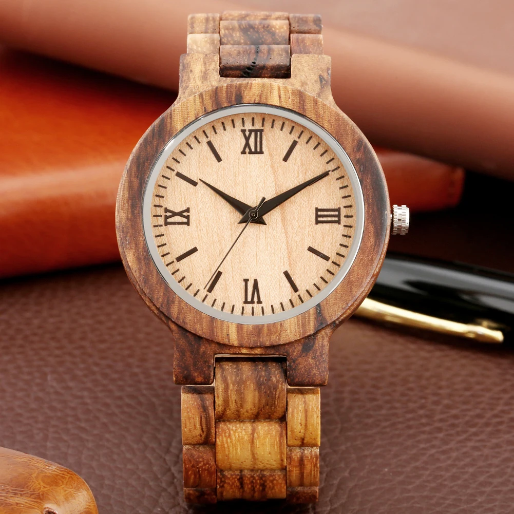 Natural Fashion Zebrawood Bangle Men\'s Watch Full Wooden Watch Strap Quartz Wristwatch Vintage Casual Man Clock Folding Clasp