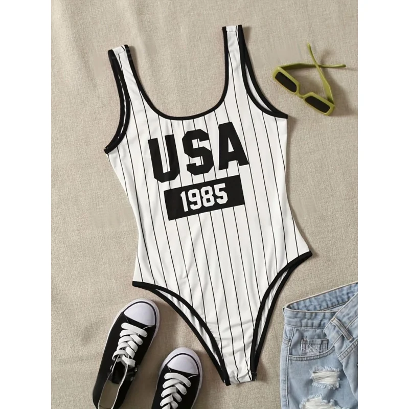 

Women's Letter Striped Romper Short Sleeve Unitard Streetwear