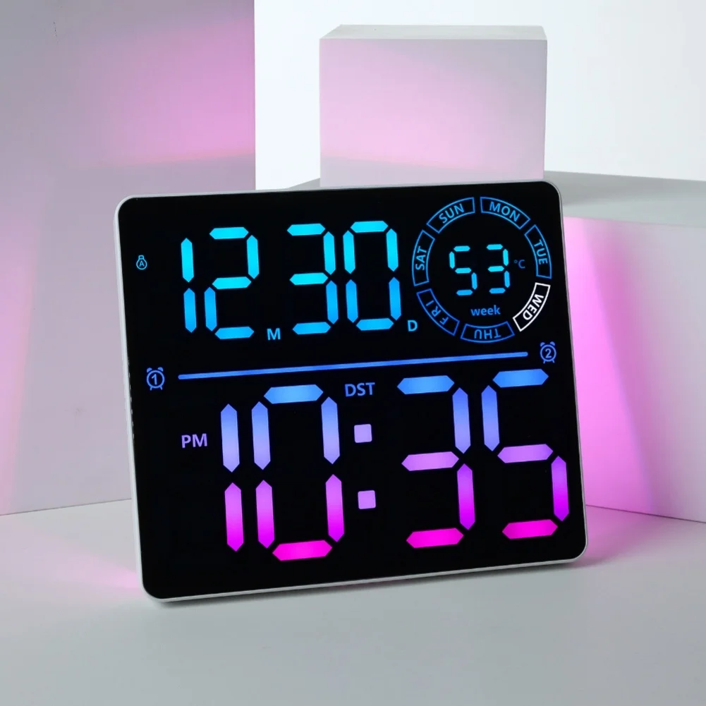 RGB LED Digital Wall Clock Large Display with Calendar Date Temperature and Dual Alarm for Indoor Wall or Tabletop Placement