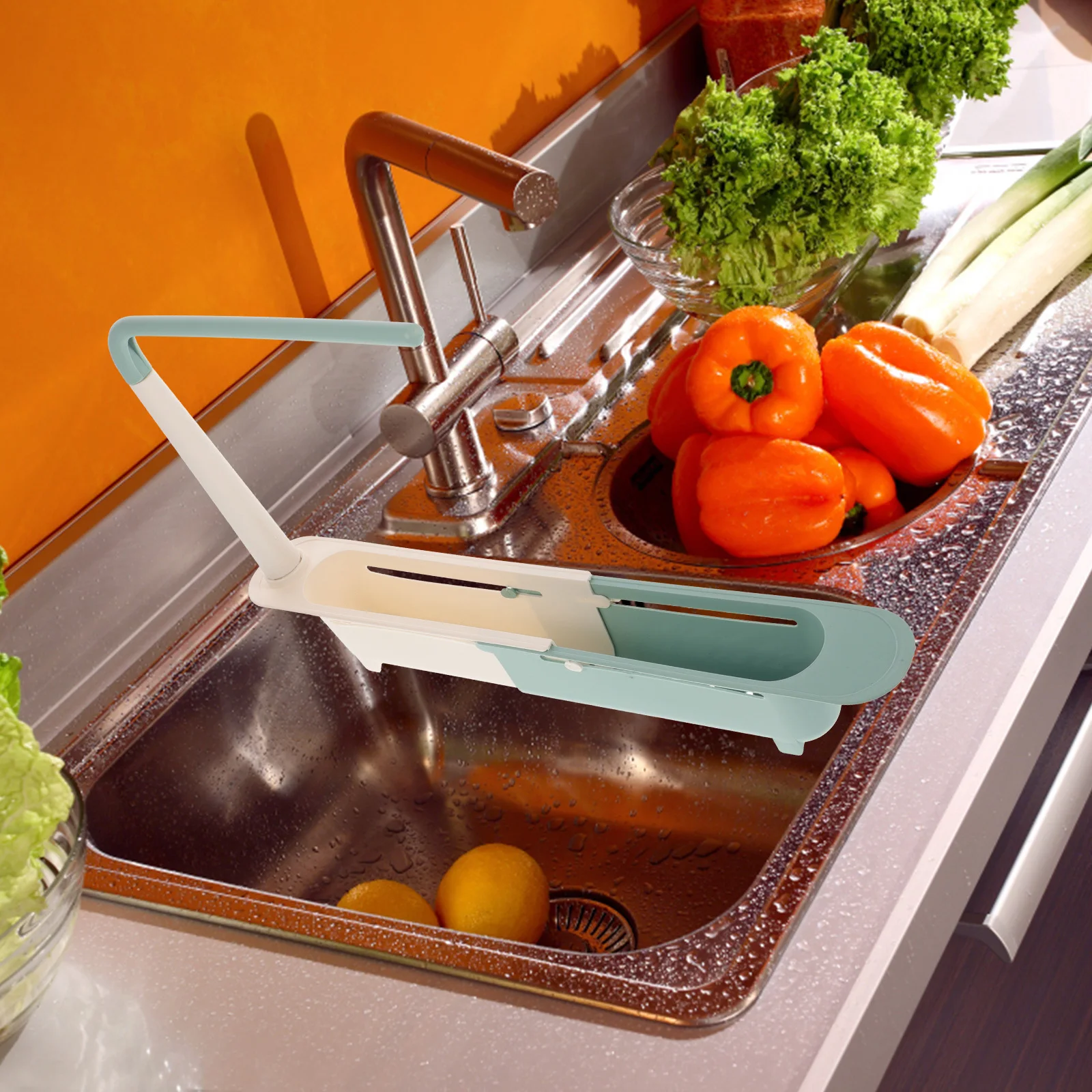 

1Pcs Extendable Sink Storage Tray Premium Plastic Adjustable Drain Rack for Kitchen Bathroom No Punch Installation Green