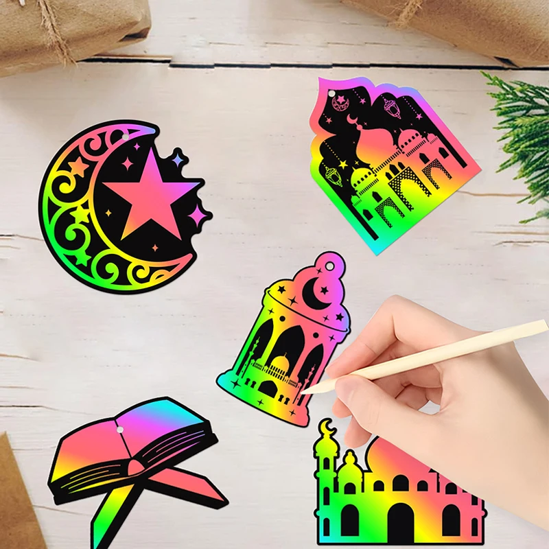 Ramadan Decoration 2025 Scratch Card Eid-ul-fitr Mubarak Guasha Painting Diy Card Guasha Pendant Moon Decoration Wall Decor