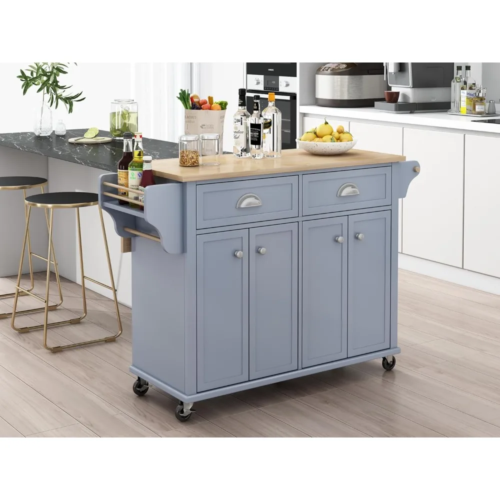 Mobile Kitchen Island on Wheels with Drop Leaf Breakfast Bar, Spice Rack,Towel Holder, (Gray)，Kitchen Islands & Trolleys