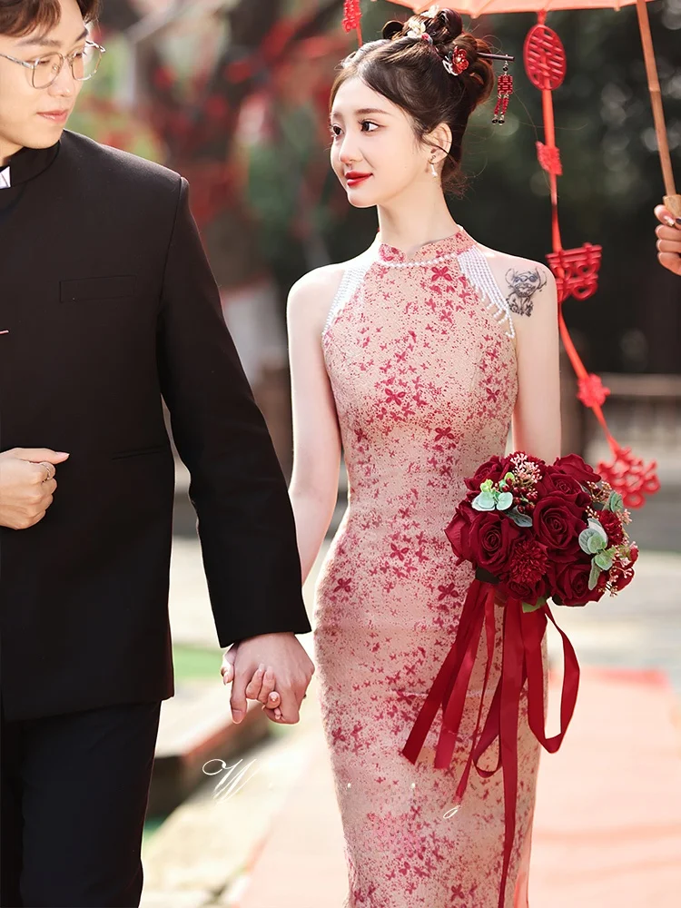 

Morning Robe Wedding Dr New Chinese Sle Qipao Fitting Women's Dr for Engagement And Banquet Poly Fiber Mid-Length Skirt