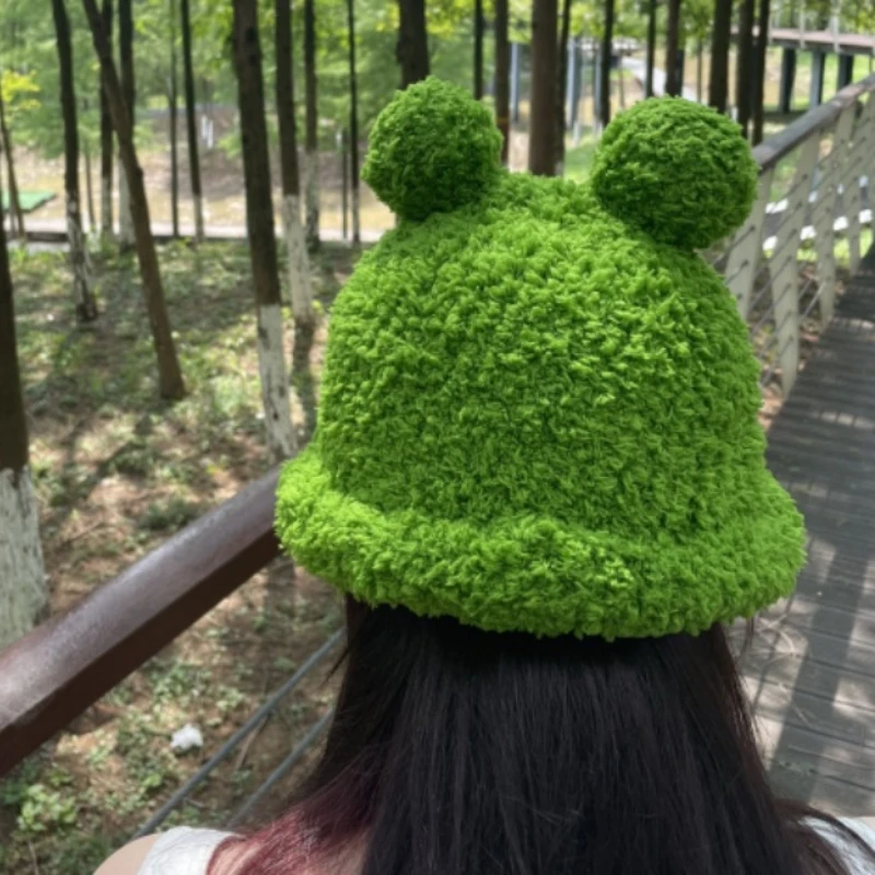 Japanese Cute Big Eyes Frog Hats for Men and Women Autumn and Winter Warm Ear Protection Cartoon Funny Knitted Green Beanies