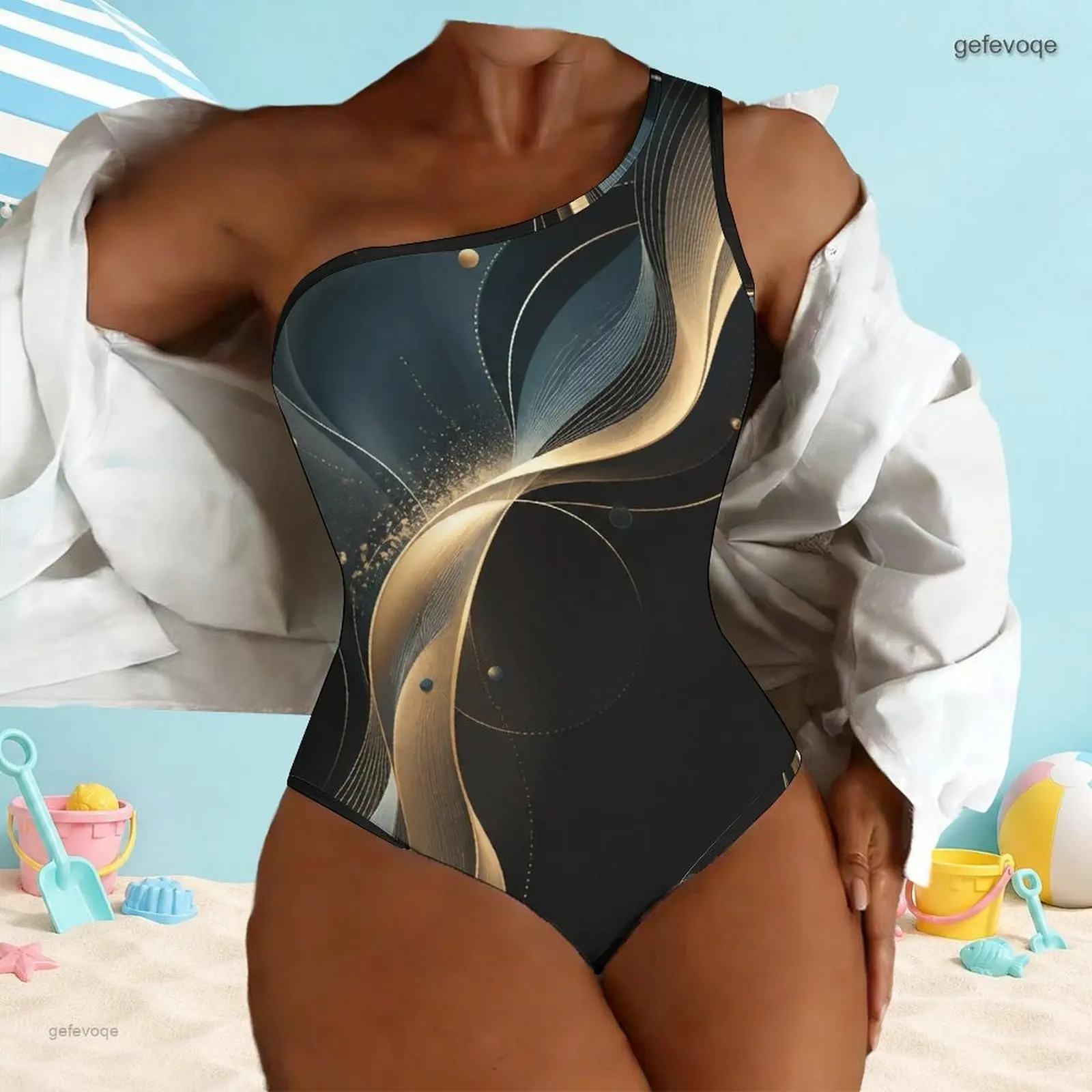 Women One Shoulder One Piece Asymmetric Neck Printed Swimsuit