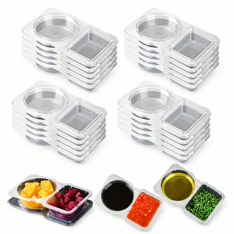 50Pcs Disposable 2 Compartment Dipping Sauce Cups, Clear Plastic Divided Seasoning Containers,  Sauce Portion Cups for Condiment, Takeout, Meal Prep