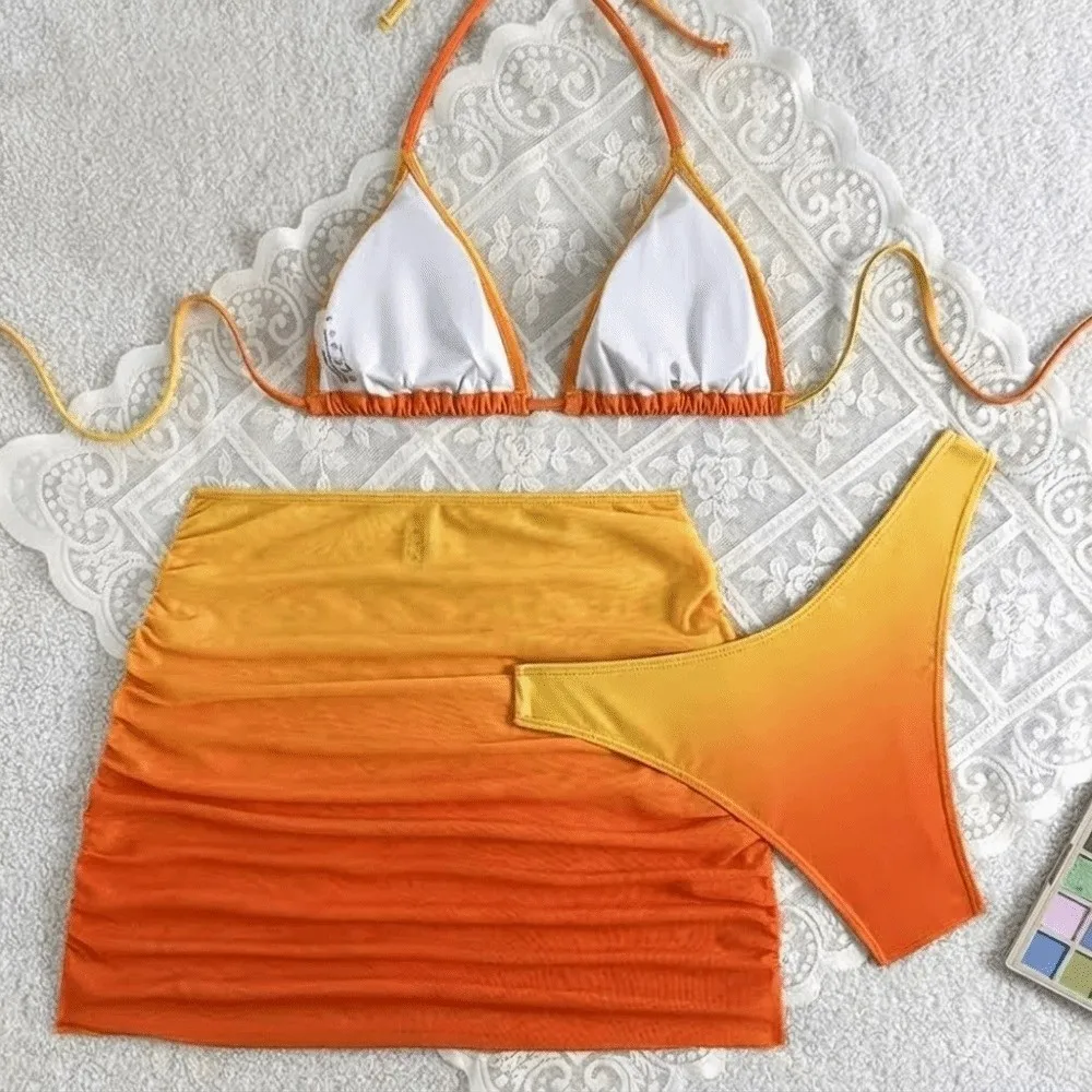 Lace Up 3 in 1 Gradient Color Swimwear Set Deep-V Beachwear Clothing Bikini Bathing Suit Slim Fit Sleeveless Swimsuit