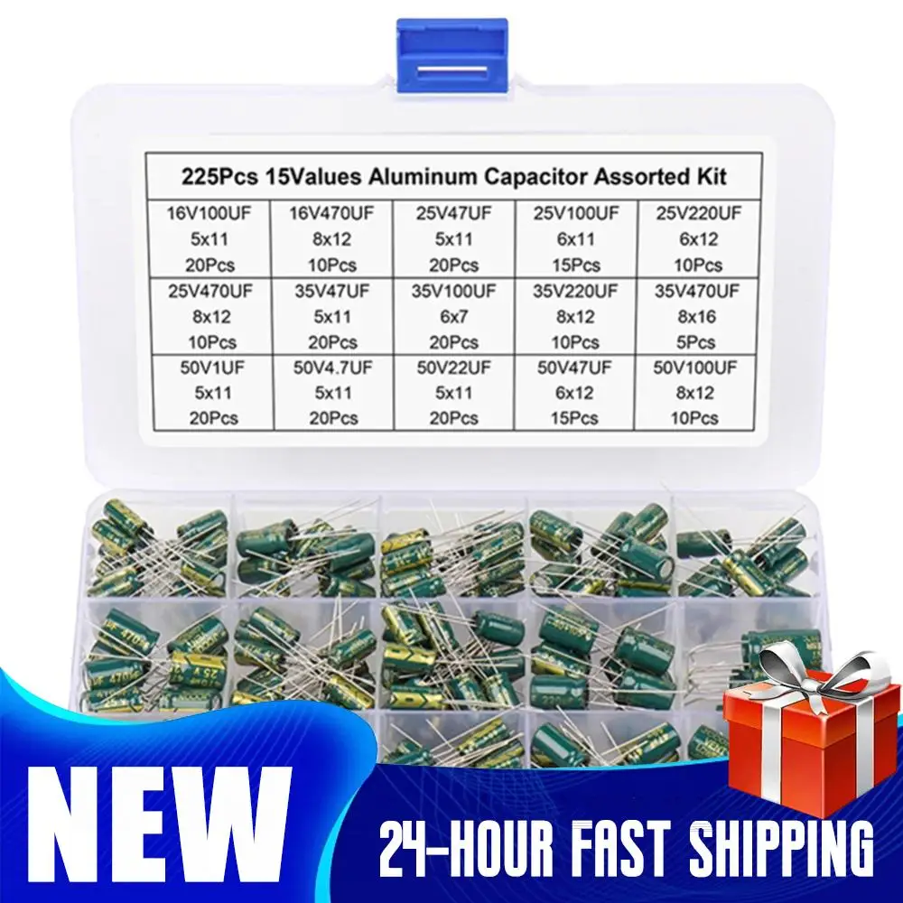 

Набор электролитических конденсаторов 225/450 шт., 15 номиналов, высокочастотные, с низким ESR, алюминиевые, в коробке